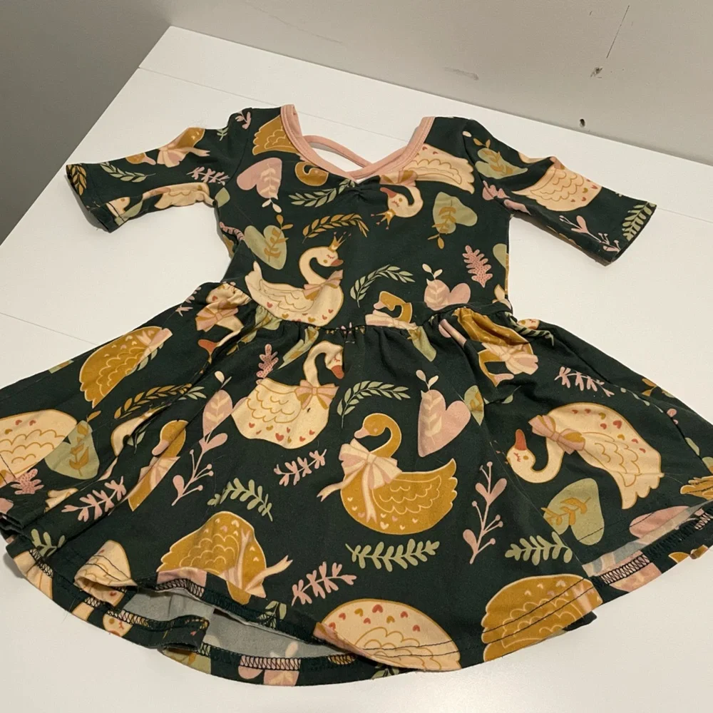 Dot Dot Smile Girl's size 2T Ballerina Twirl Dress Green Swans Pink Twirly